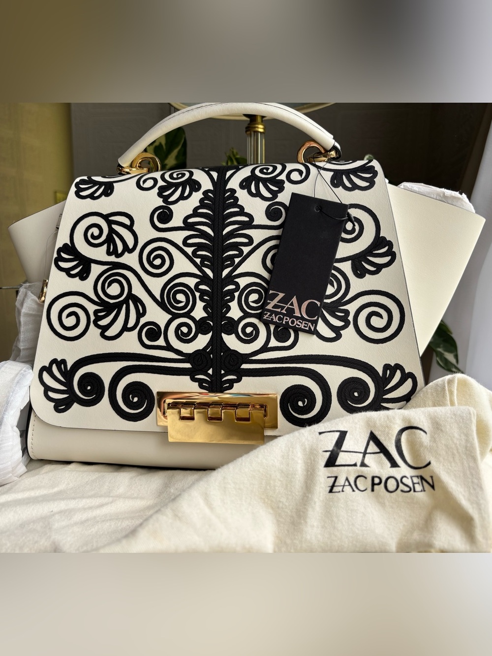 NWT ZAC Zac Posen Eartha Handbag with Faux Embroidered Design and Gold Hardware
